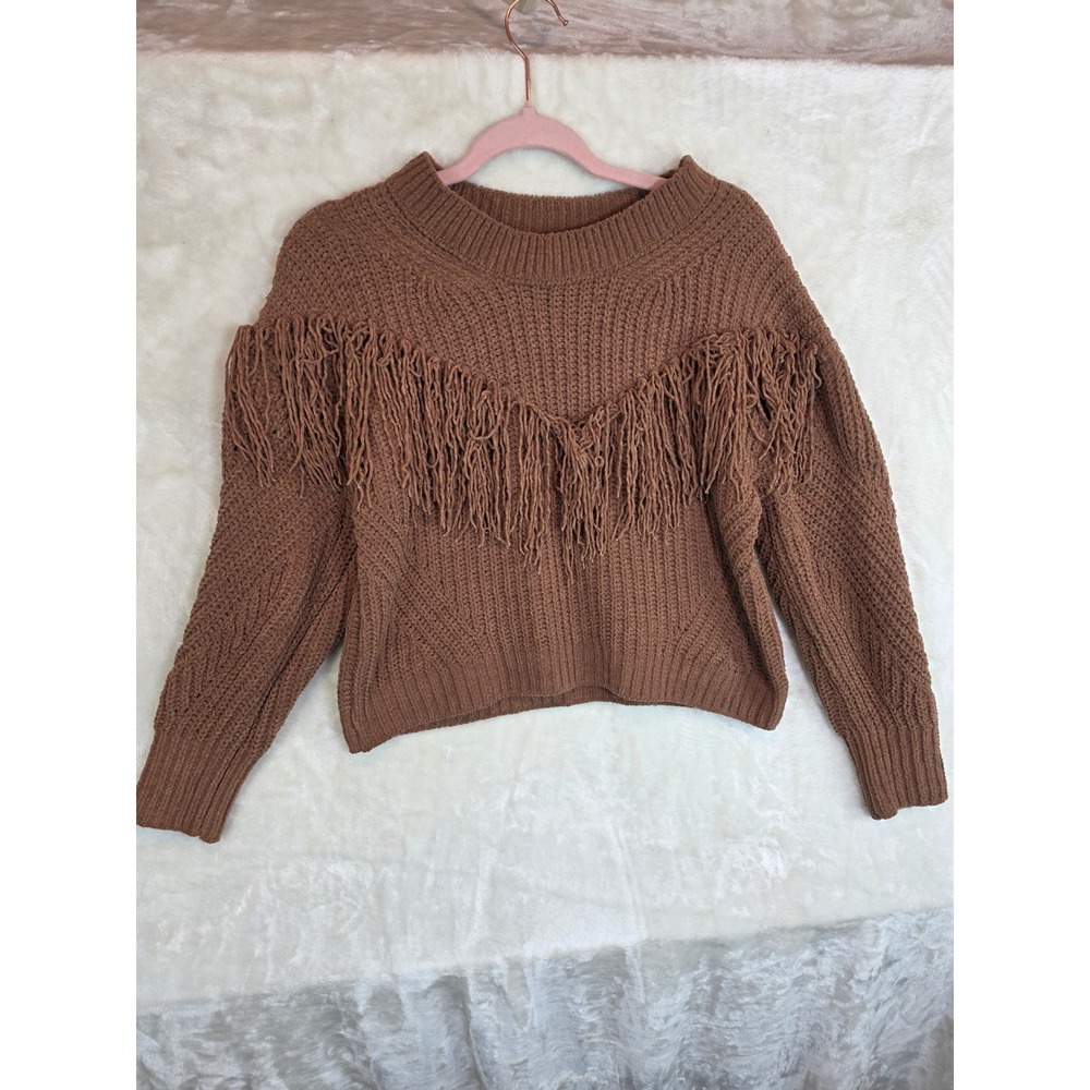 No Boundaries Brown Chenille Fringe Sweater XL 15-17 Western‎ Boho Knit Pullover
